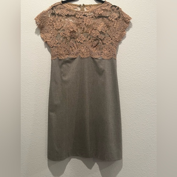 Shannon McLean Tan Gray Flannel Cocktail Dress Lace Bodice Cap Sleeve Size M - Picture 1 of 10